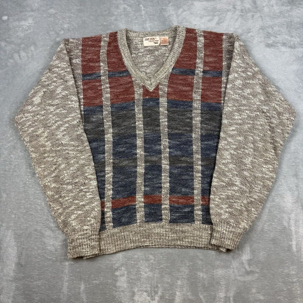 Vintage The Fox Collection Sweater Men’s Large V-Neck Striped 80s 90s Acrylic